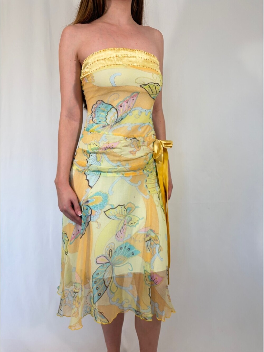 Whimsical Fairy Vintage Butter Yellow Strapless Butterfly Print Dress